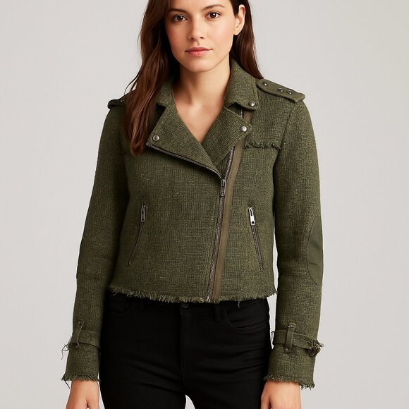 Maison Crescent Olive Bouclé Moto Jacket Raw Hem Distressed Military Style LARGE - Picture 1 of 10